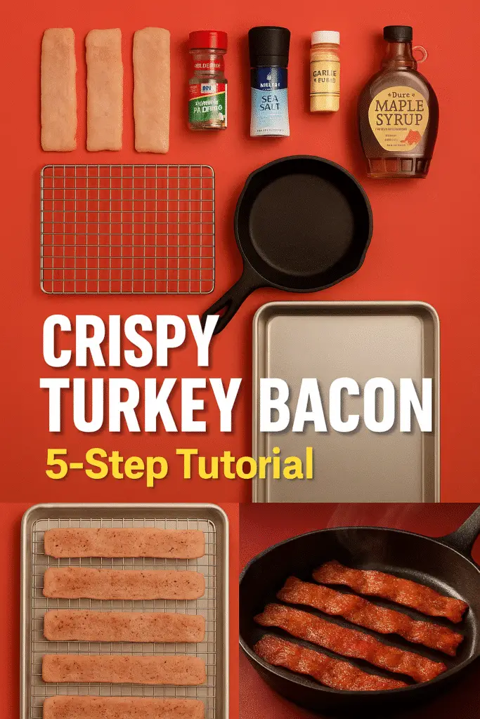 Crispy turkey bacon tutorial Pinterest pin with step-by-step ingredients CrennRecipes