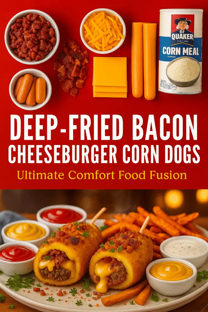 Pinterest pin for ultimate deep-fried bacon cheeseburger corn dogs recipe