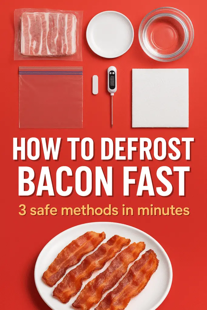 Pinterest pin how to defrost bacon quickly 3 safe methods CrennRecipes