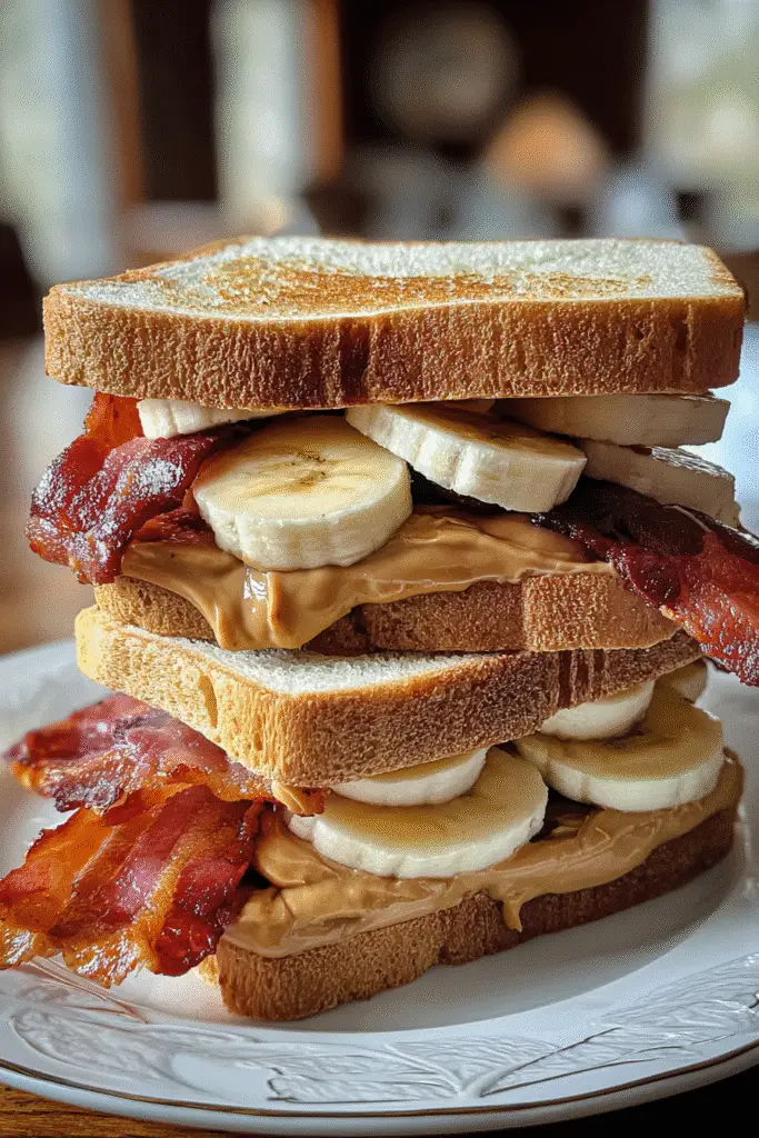 Elvis Sandwich Pinterest recipe - golden crispy peanut butter banana bacon sandwich CrennRecipes