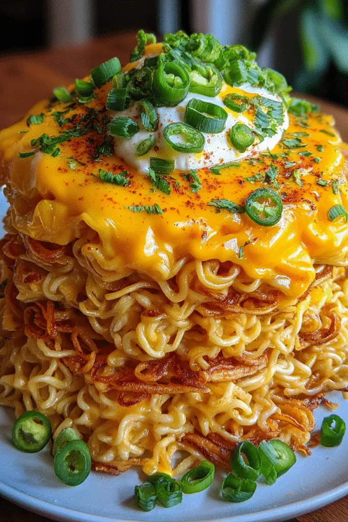 Nacho Cheese Ramen Pancake Stack with fresh cilantro and jalapeños