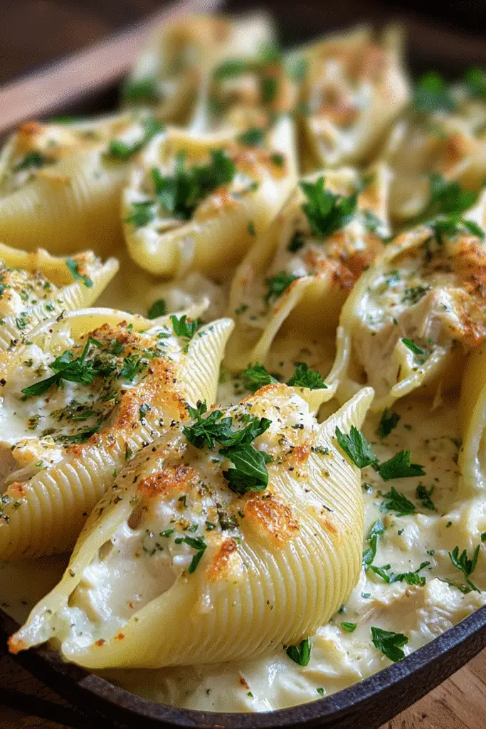 Pinterest pin garlic butter chicken alfredo stuffed shells easy weeknight dinner recipe