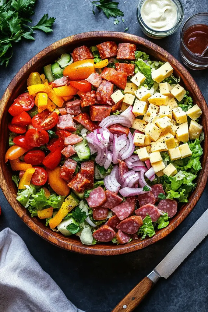 Pinterest grinder salad recipe photo showing Italian sub ingredients transformed into healthy low-carb meal