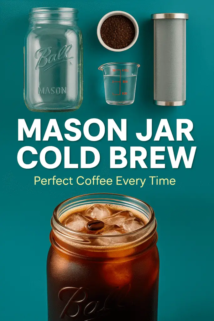 Pinterest mason jar cold brew coffee recipe pin with ingredients and finished drink