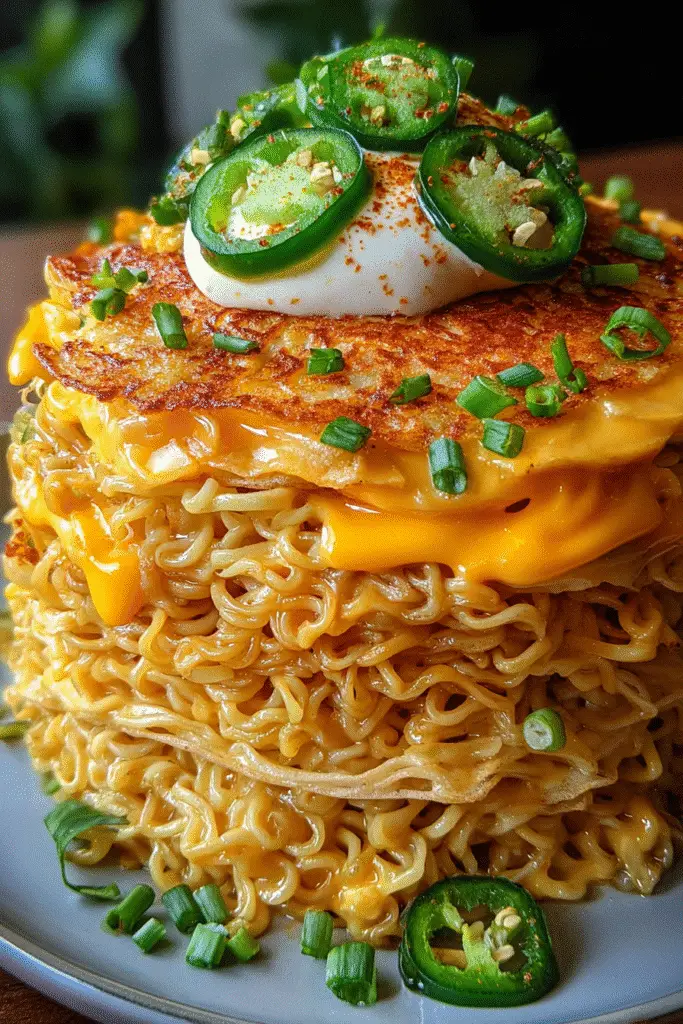 Easy Nacho Cheese Ramen Pancake Stack recipe for Pinterest sharing