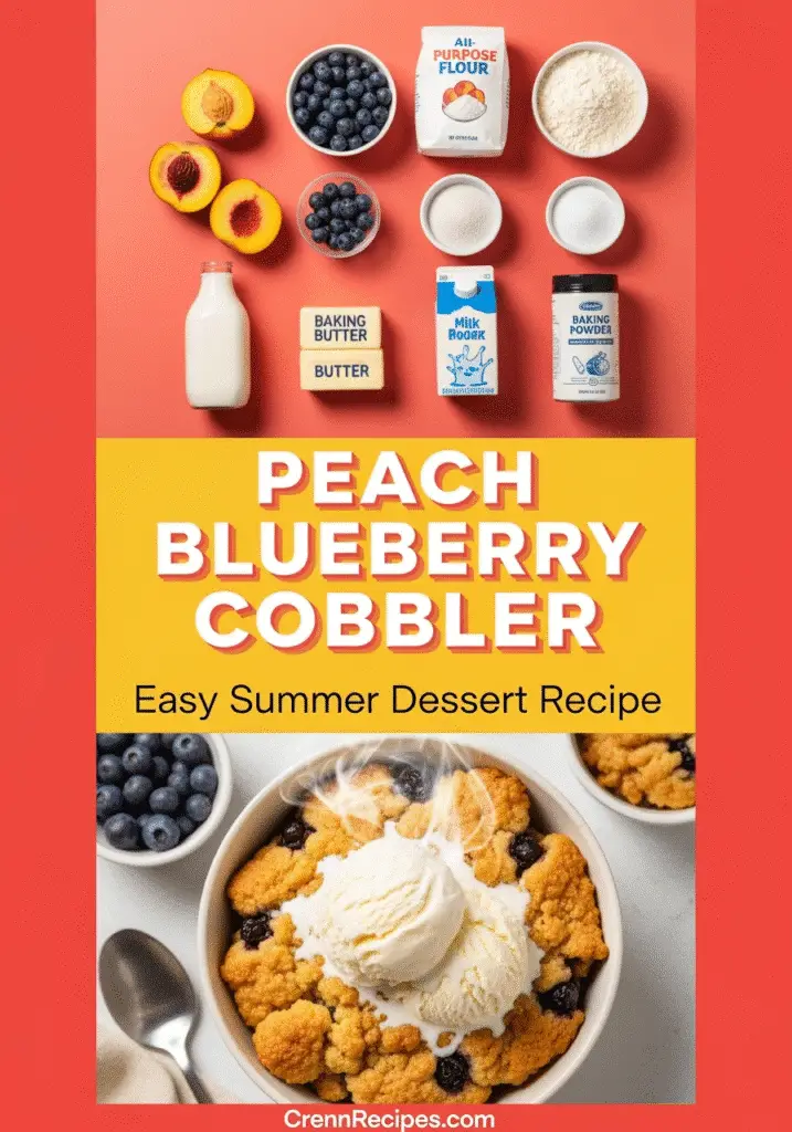 Pinterest pin for easy peach blueberry cobbler recipe with fresh ingredients - CrennRecipes