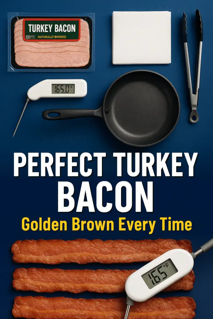 Pinterest pin showing how to cook perfect turkey bacon with cooking tools and temperature guide