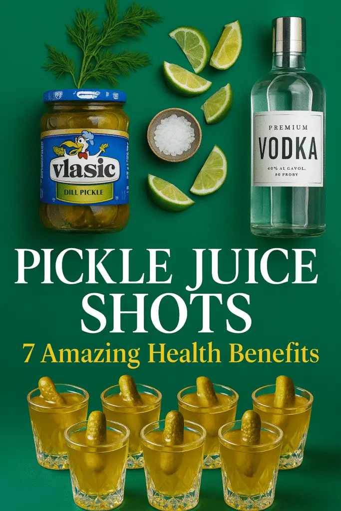 Pinterest-optimized pickle juice shots recipe pin featuring Vlasic pickles and health benefits from CrennRecipes.com