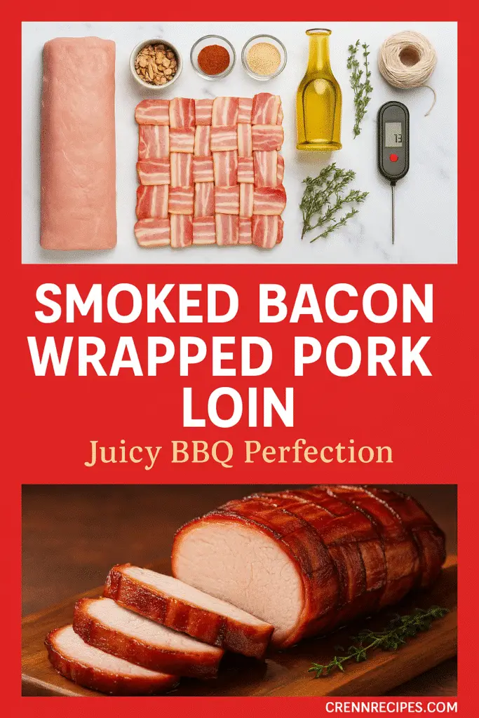 Pinterest recipe pin for smoked bacon wrapped pork loin with ingredients and finished dish from CrennRecipes.com