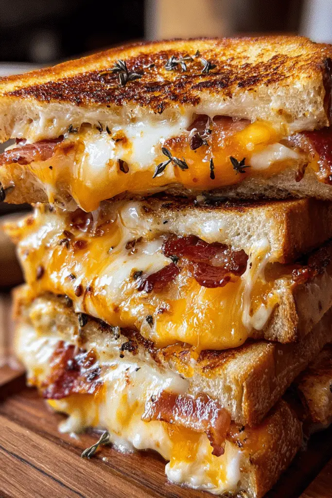 Pinterest-optimized Smoky Bacon Cheddar Grilled Cheese Bake with melted premium cheese and crispy bacon