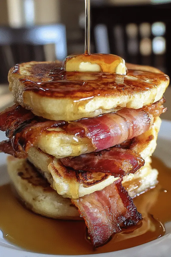 Step-by-step Smoky Maple Bacon Pancake Sliders preparation with thick-cut bacon and pancake stack
