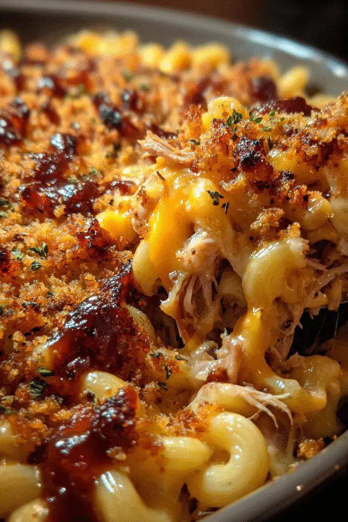 Pinterest-style Smoky Maple Bourbon Pulled Pork Mac Cheese Casserole recipe photo showing melted cheese and bourbon BBQ pulled pork