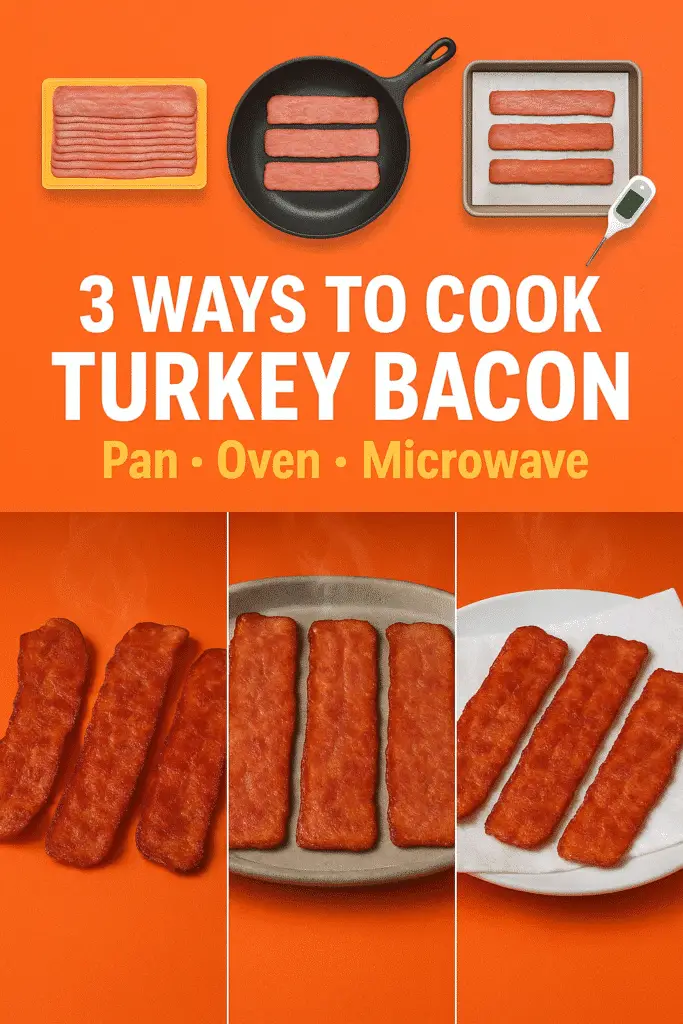Pinterest guide showing three different methods to cook turkey bacon with consistent kitchen tools