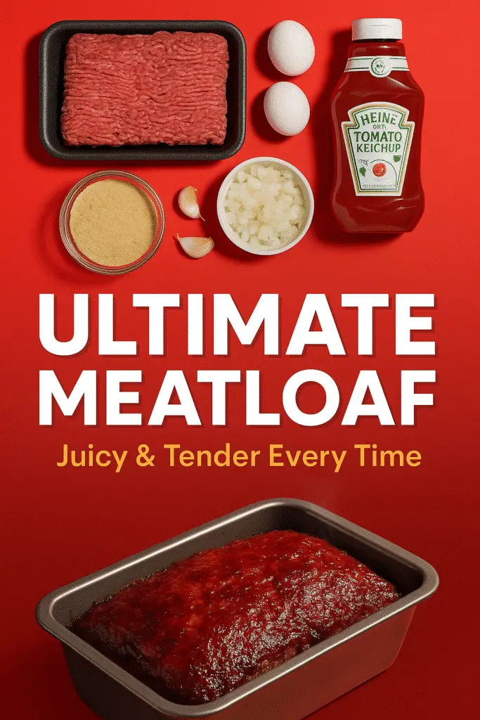 Pinterest pin ultimate meatloaf recipe with Heinz ketchup glaze CrennRecipes brand