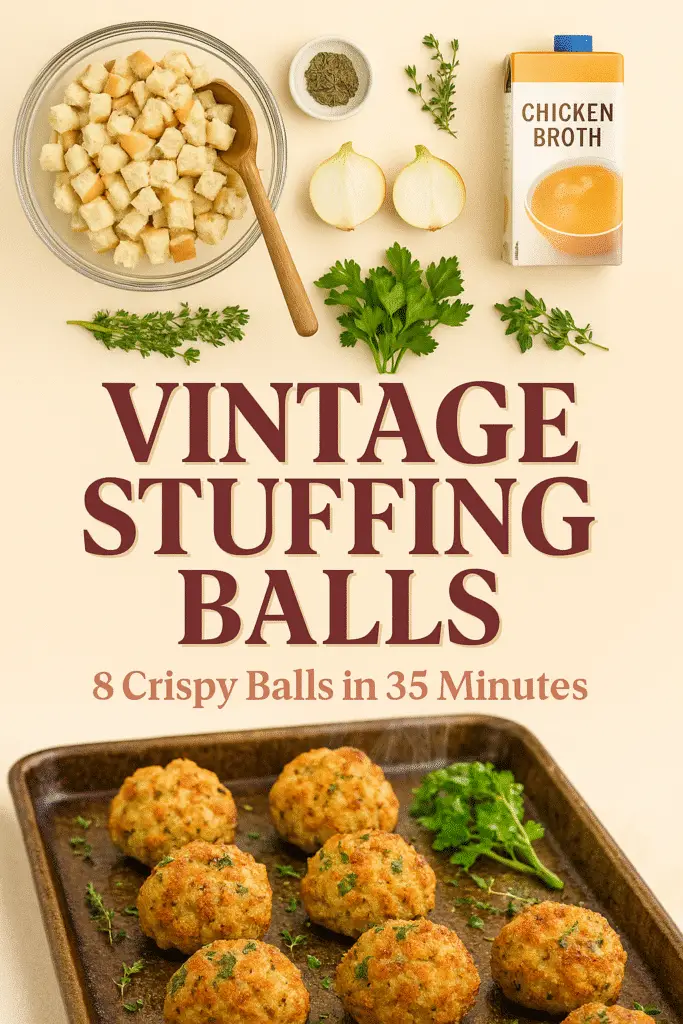 Step-by-step 1940s bread stuffing balls tutorial Pinterest pin with cooking process