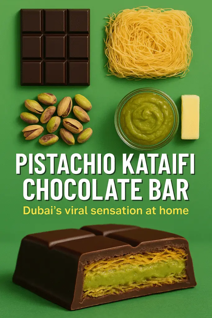 Pinterest pin for viral pistachio kataifi chocolate bar recipe tutorial
