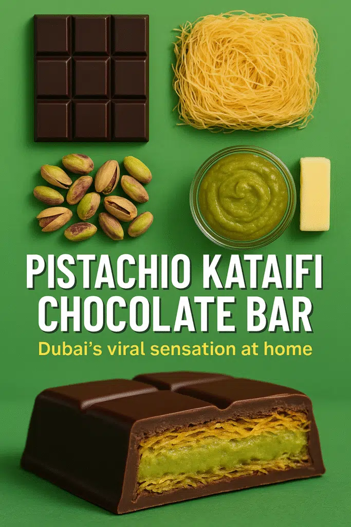 Pinterest pin for viral pistachio kataifi chocolate bar recipe tutorial