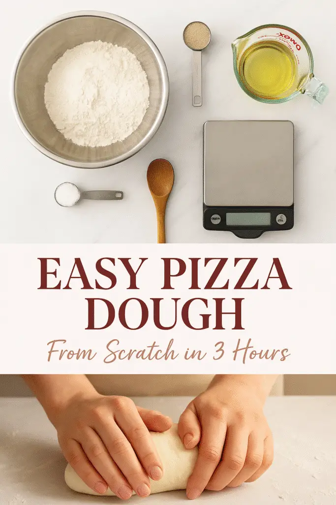 Easy pizza dough making process with professional kitchen tools and ingredients for CrennRecipes pepperoni bacon pizza