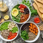 Plant-based protein bowls with quinoa, chickpeas, and tofu photographed in CrennRecipes test kitchen with premium organic ingredients