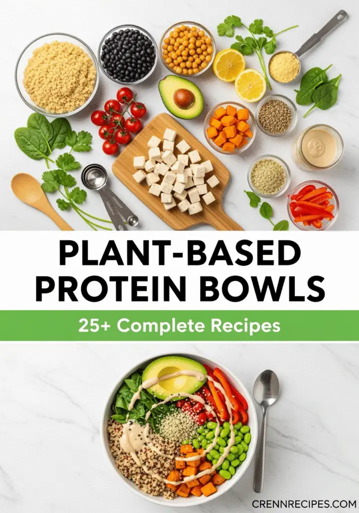 Plant-based protein bowls Pinterest pin with 25 complete recipes by CrennRecipes featuring quinoa, chickpeas, and organic ingredients