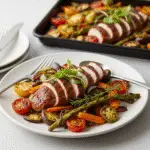 Beautifully plated sustainable sheet pan dinner on Anthropologie ceramic plates