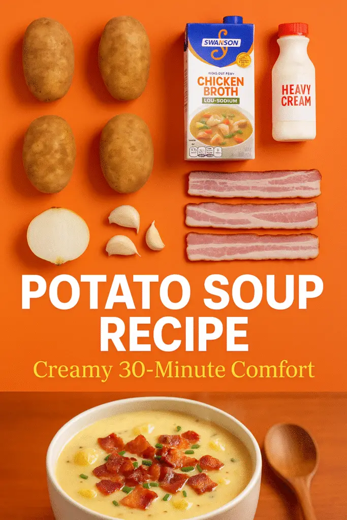Potato soup recipe Pinterest pin showing ingredients and final dish - CrennRecipes comfort food