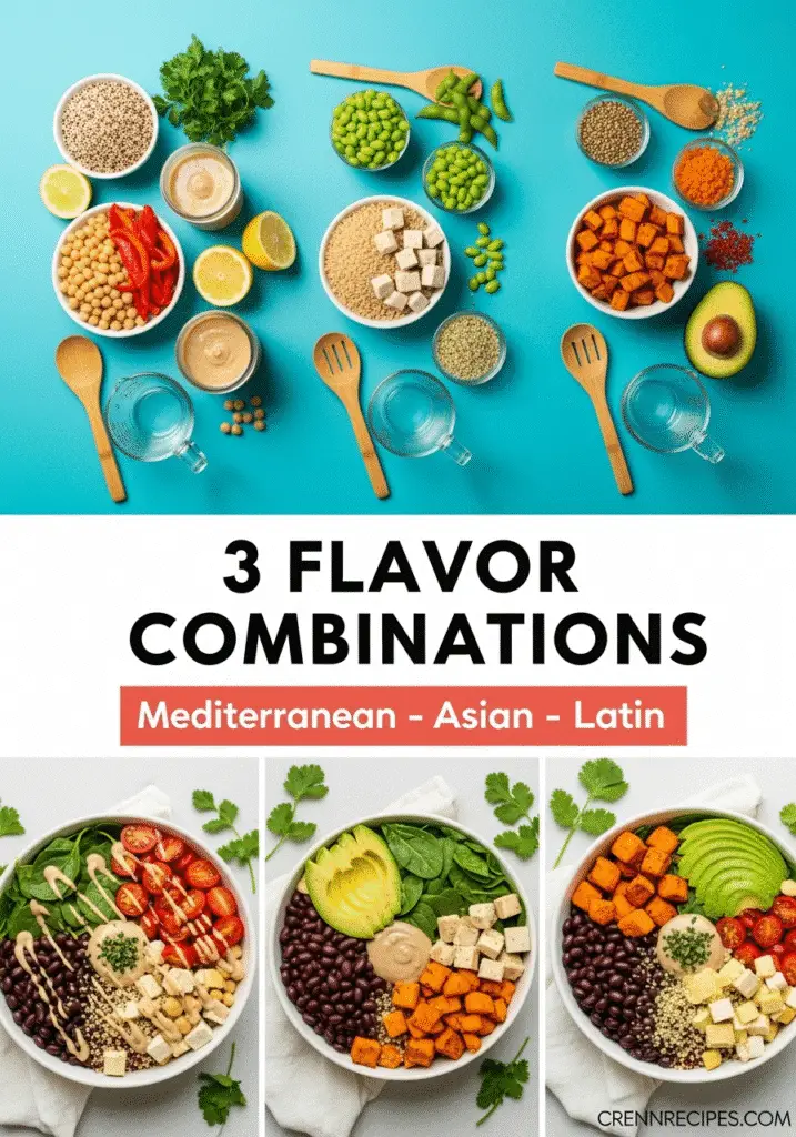 Plant-based protein bowl flavor combinations Pinterest pin by CrennRecipes featuring Mediterranean, Asian, and Latin styles with quinoa and chickpeas