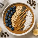 Protein coffee smoothie bowl recipe with coffee beans banana protein powder and healthy toppings