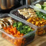 Protein lunch bowls meal prep containers with chicken quinoa tofu and black beans on wooden cutting board