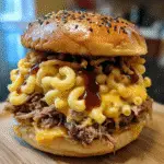 Pulled Pork Mac 'n' Cheese Burger with creamy cheese and smoky BBQ flavors on brioche bun