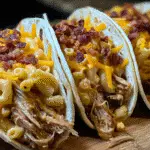 Pulled Pork Mac & Cheese Tacos with Bacon Sprinkles served on wooden board with crispy bacon topping