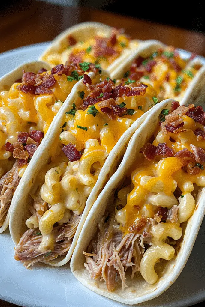 Crispy Pulled Pork Mac & Cheese Tacos with Bacon Sprinkles step by step recipe