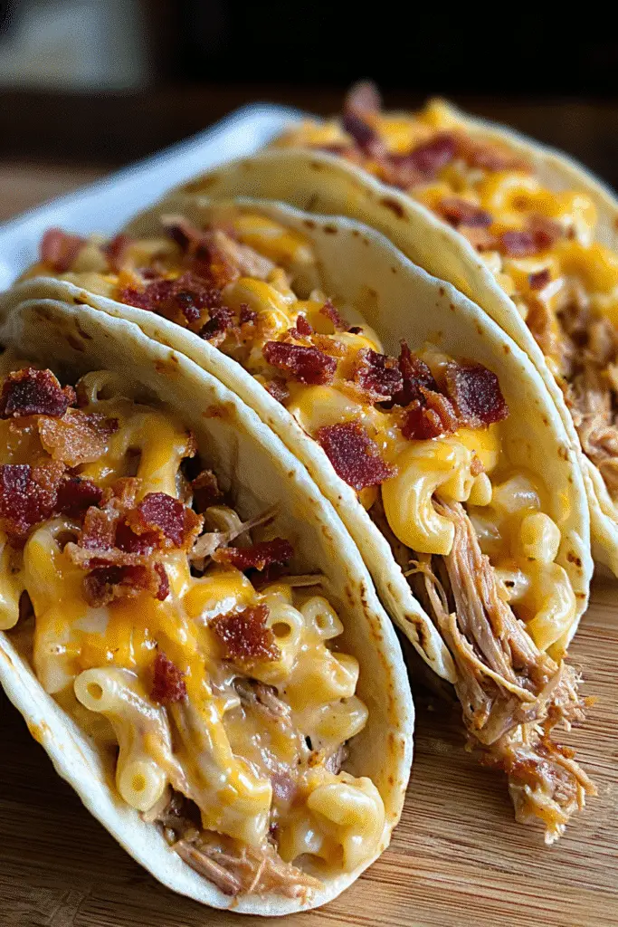 Ultimate Pulled Pork Mac & Cheese Tacos with Bacon Sprinkles recipe pin for Pinterest