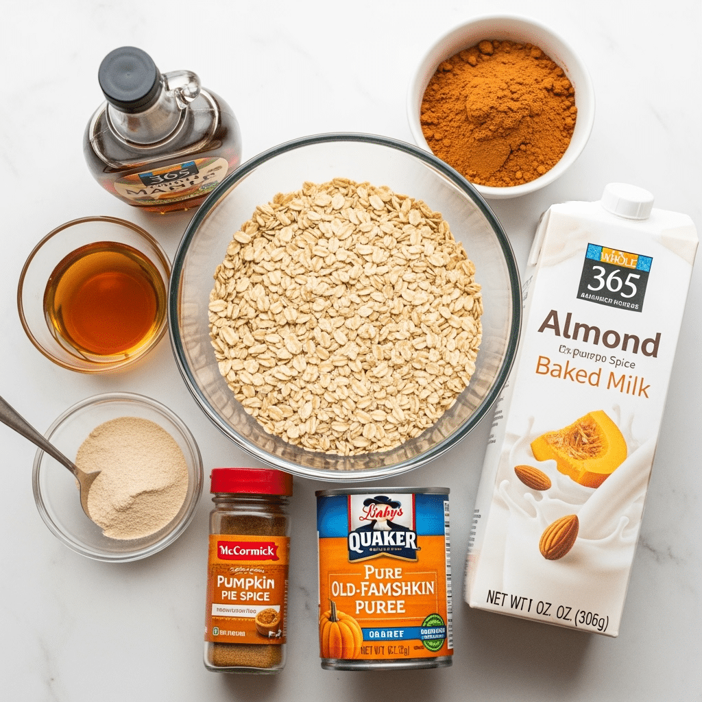 Pumpkin spice baked oats ingredients including Quaker oats, Libby's pumpkin puree, and maple syrup
