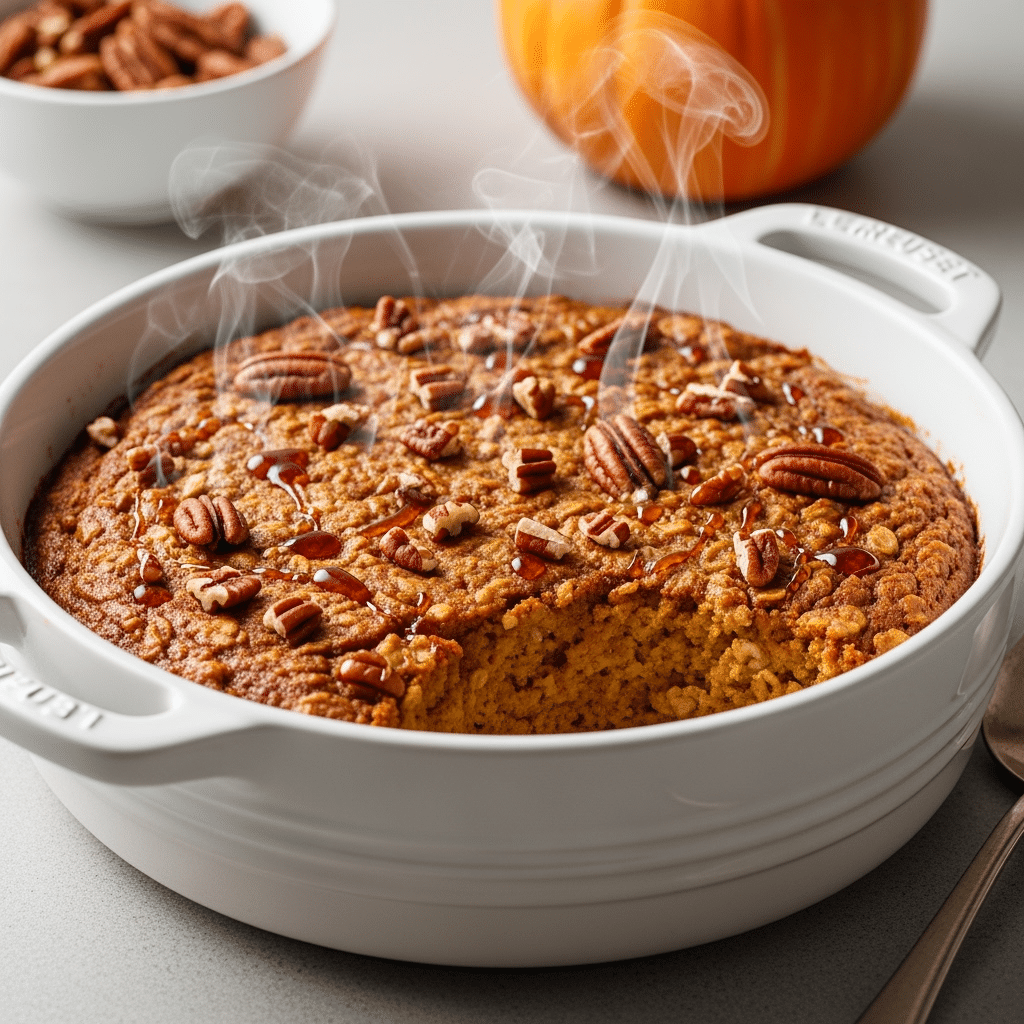 Pumpkin spice baked oats in Le Creuset dish with maple syrup and pecans for healthy fall breakfast