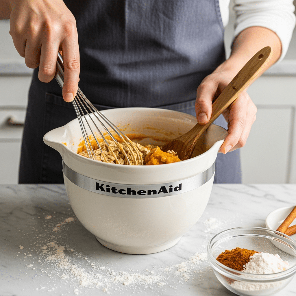 Mixing pumpkin spice baked oats batter in KitchenAid bowl with wooden spoon preparation