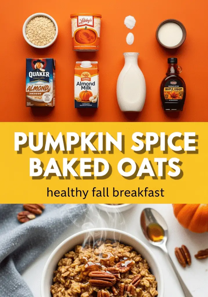 Pinterest pin for pumpkin spice baked oats recipe with ingredients and finished breakfast bowl