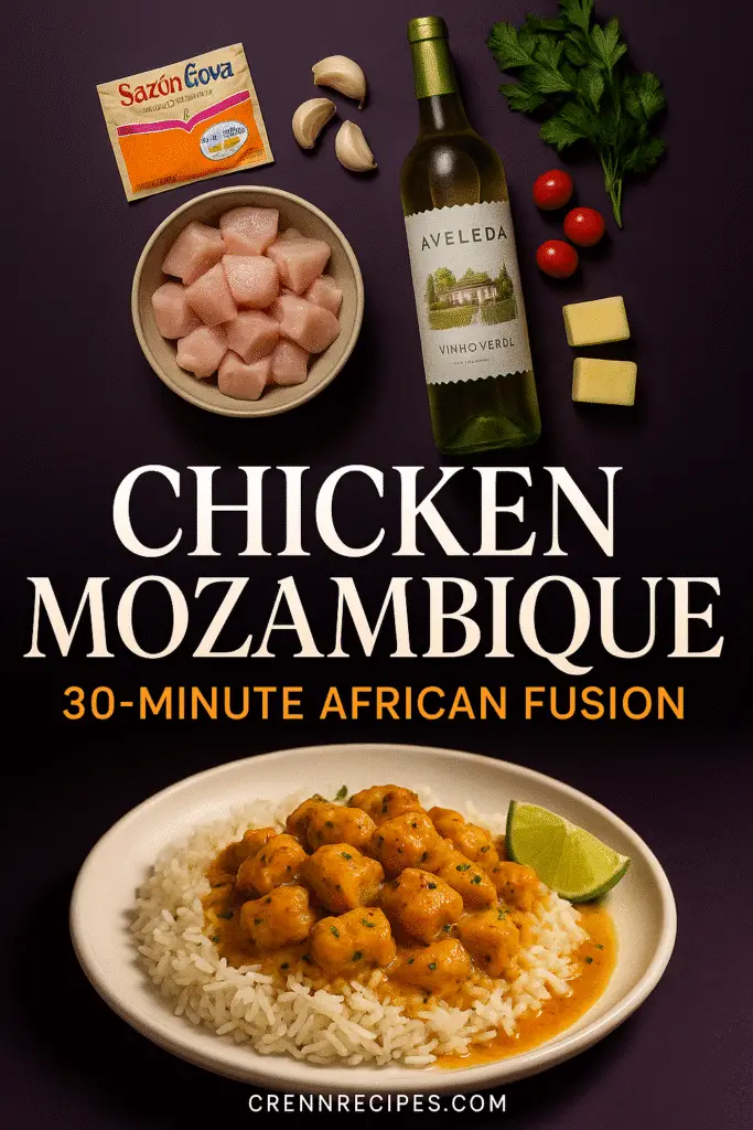 Quick 30-minute Chicken Mozambique recipe Pinterest pin with step-by-step ingredients from CrennRecipes