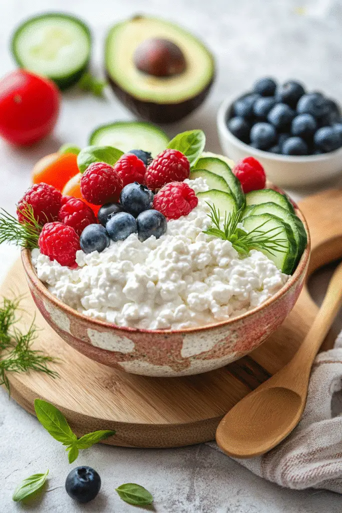 Quick cottage cheese lunch recipe ideas with fresh vegetables and berries - 30 minute meal prep