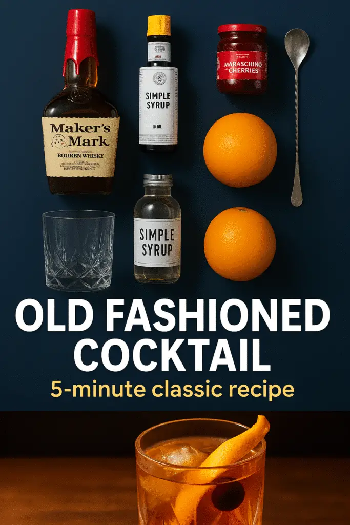 Quick Old Fashioned cocktail recipe Pinterest pin with bourbon whiskey and classic bar tools