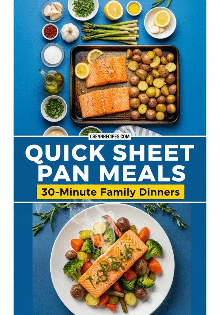 Quick sheet pan meals Pinterest pin 30-minute family dinners salmon vegetables CRENNRECIPES.COM