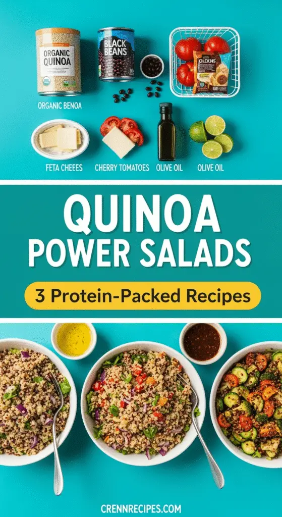 Quinoa power salads Pinterest pin featuring 3 protein-packed recipes with ingredient showcase from CrennRecipes.com