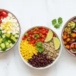 Three quinoa power salads featuring Mediterranean, Southwest and roasted vegetable varieties from CrennRecipes.com