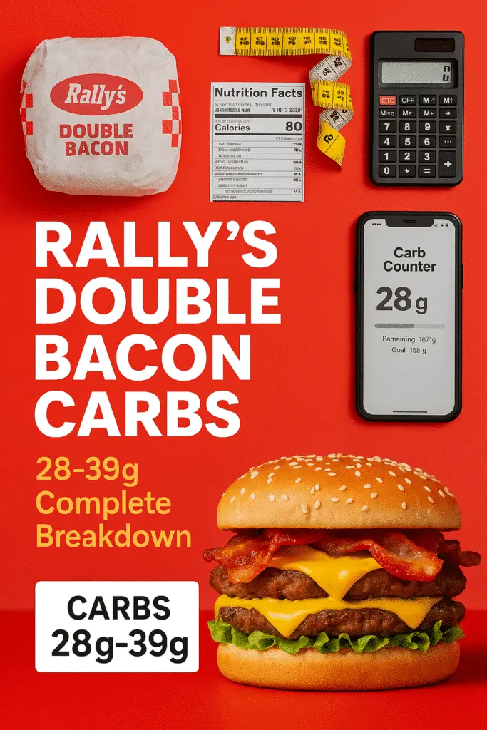 Pinterest pin showing Rally's Double Bacon burger carbohydrate content analysis for health-conscious diners