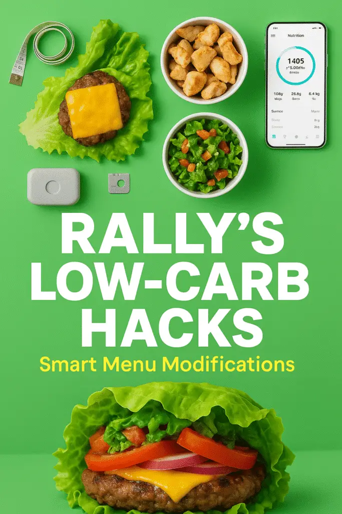 Pinterest pin featuring Rally's low-carb menu modifications and healthy alternatives for carb-conscious diners