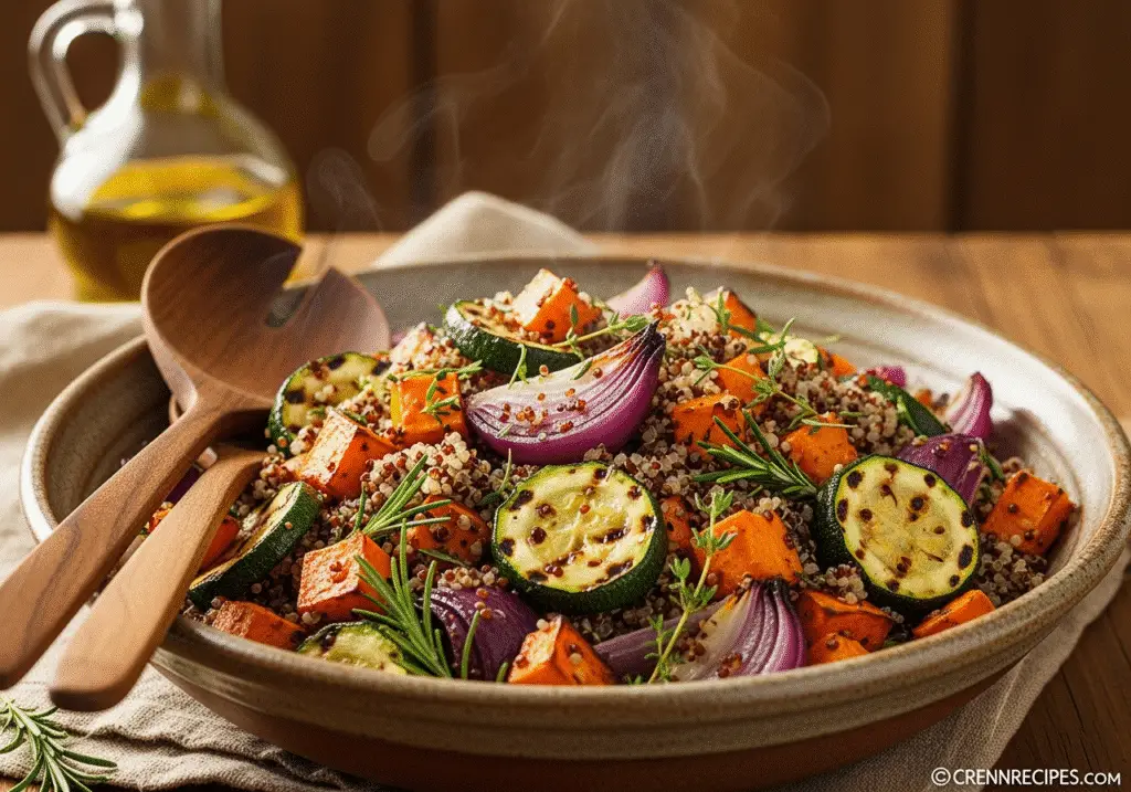 Roasted vegetable quinoa power salad with sweet potatoes and seasonal vegetables