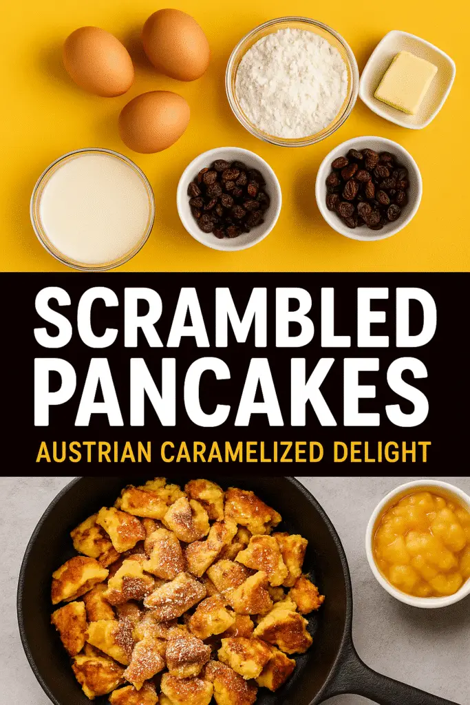 Scrambled Pancakes Pinterest Pin – Kaiserschmarrn with fluffy caramelized pieces and powdered sugar