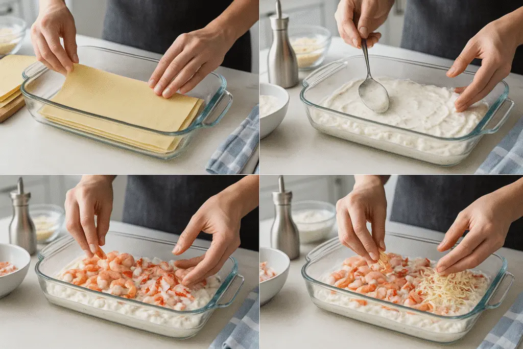 Assembly steps for making seafood lasagna with shrimp and crab layers