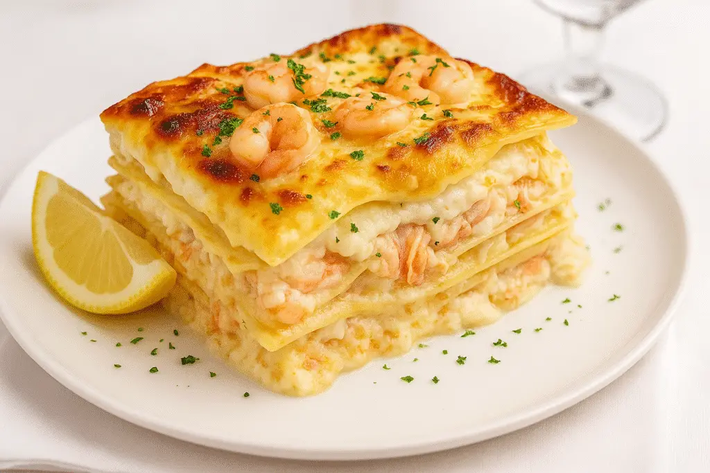 Beautifully plated seafood lasagna with shrimp and crab dinner serving