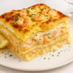 Beautifully plated seafood lasagna with shrimp and crab dinner serving